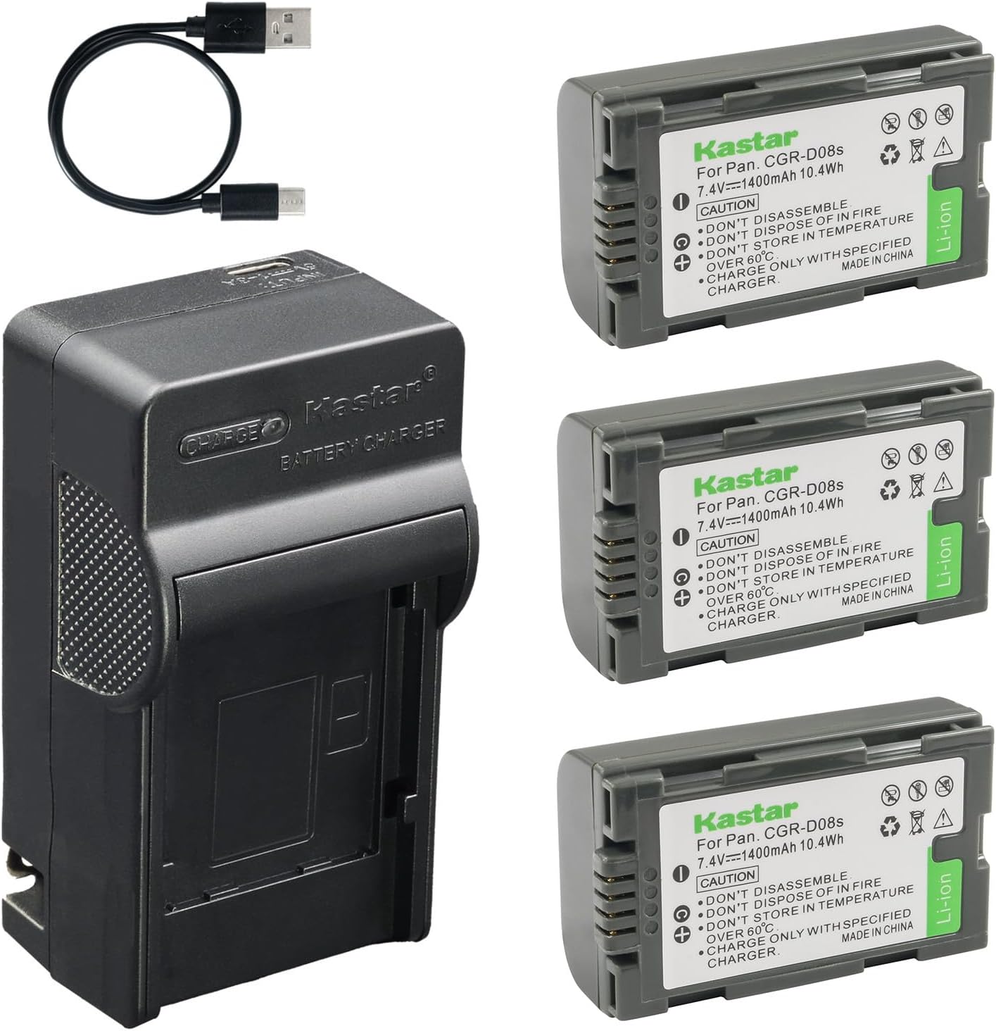Kastar 3-Pack CGA-D08 Battery AC & USB-C Charger Replacement for Panasonic CGA-D07 CGR-D110 AG-DVX100 AG-HVX200 AG-HPX250 AG-DVC30 AG-DVC60 AG-DVC80 and Hitachi DZ-BP14 DZ-MV100 DZ-MV200 Camcorder
