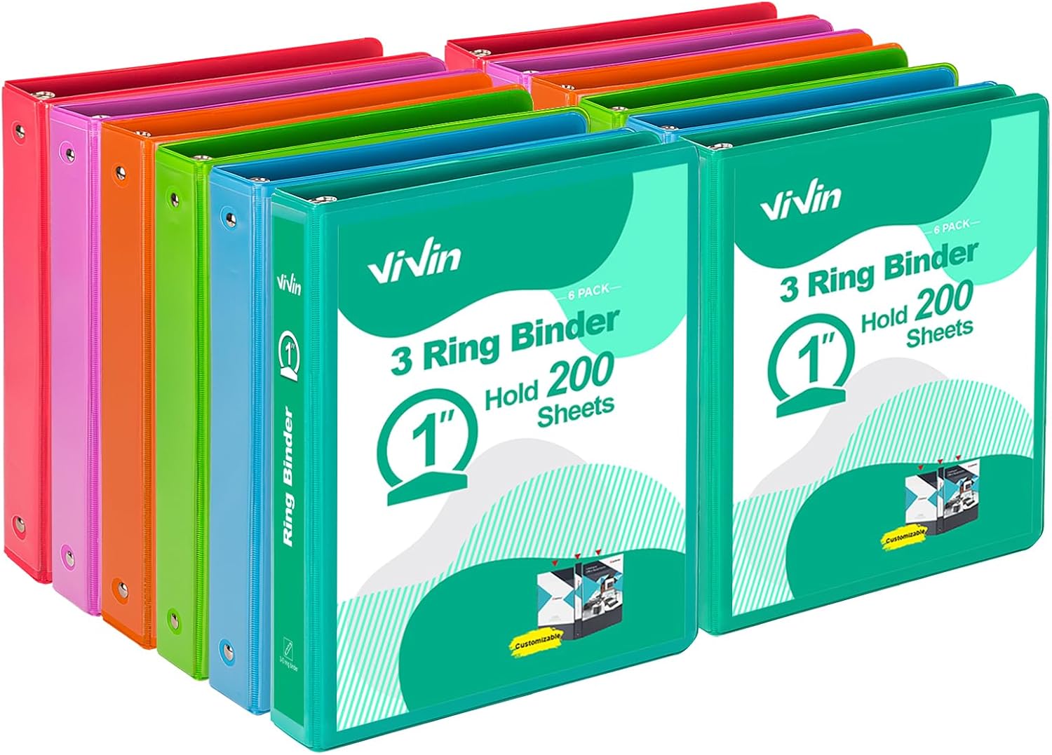 ViVin 1 Inch Round Ring View Binder for Durability, Standard 3 Ring Binder for 200 Sheets of US Letter Size Paper, PVC-Free, 12-Pack (Assorted)
