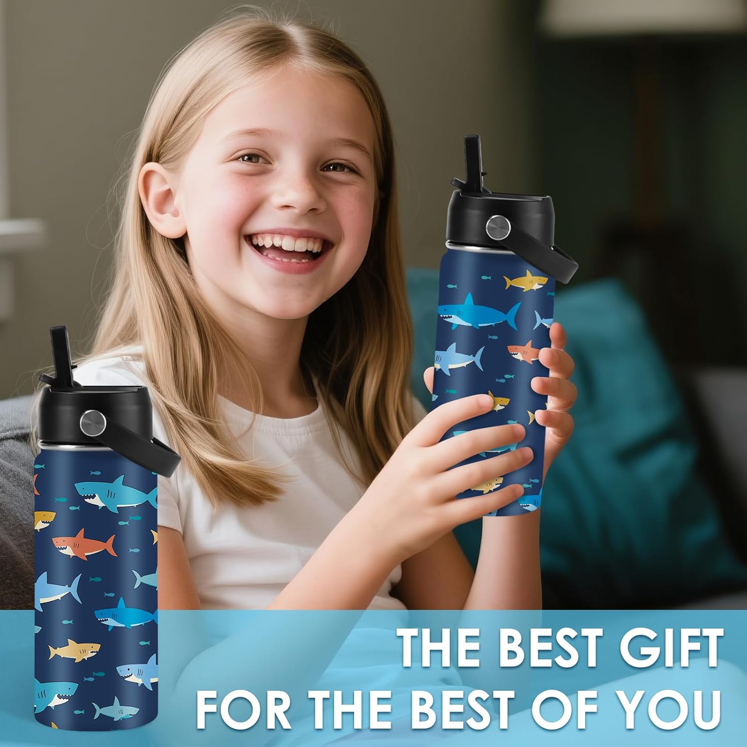 Shark Gift for Kids - 16oz Kids Water Bottle with Straw Lid, Stainless Steel Insulated Tumbler, Leak Proof, BPA - Free, Sport Bottles for School, Travel, Sea Fishes Children Birthday Gift Cup (1pc) - Image 8