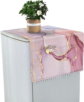 Fridge Dust Cover Washer And Dryer Top Cover Refrigerator Dust Proof Cover with Storage Pockets 55x130cm/22x51Inch Pink Marble Pattern
