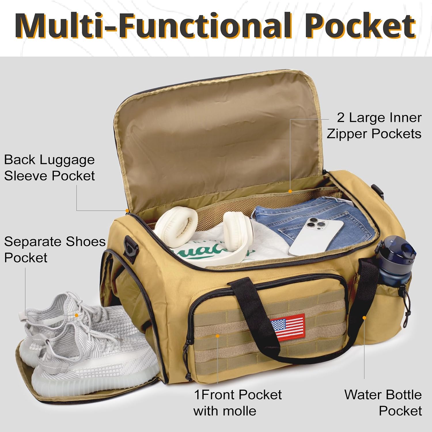 Tactical Gym Bag for Men, 40L Duffle Bag with Shoes Compartment for Travel image 3