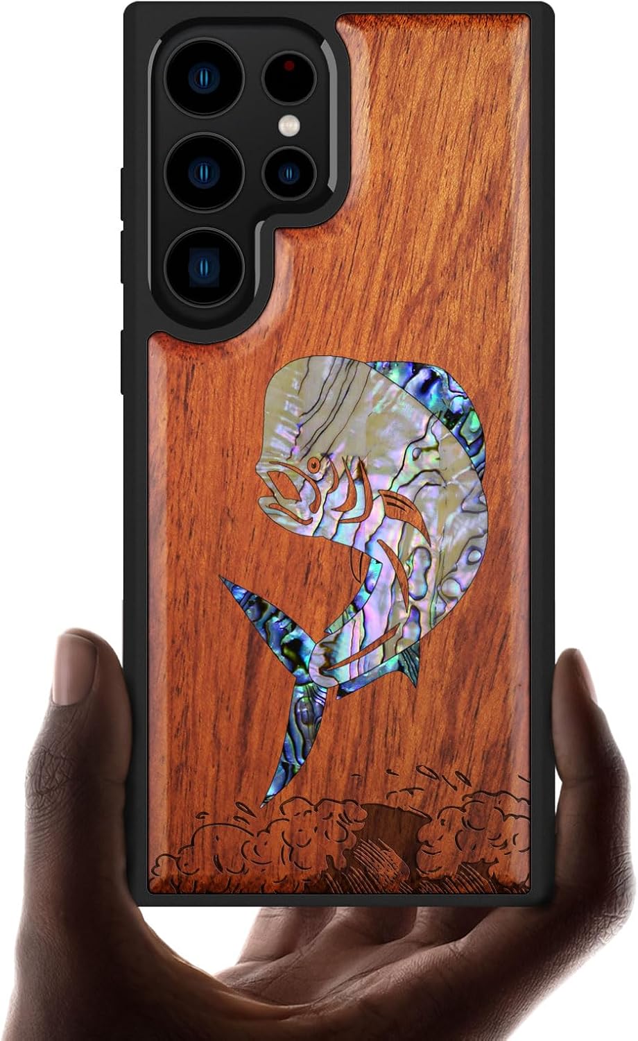 Carveit Designer Wooden Case for Samsung Galaxy S23 Ultra Cover [Wood Engraving & Shell Inlay] Compatible with Wireless Chargers Galaxy S23 Ultra Case (Mahi Mahi-Blackwood)