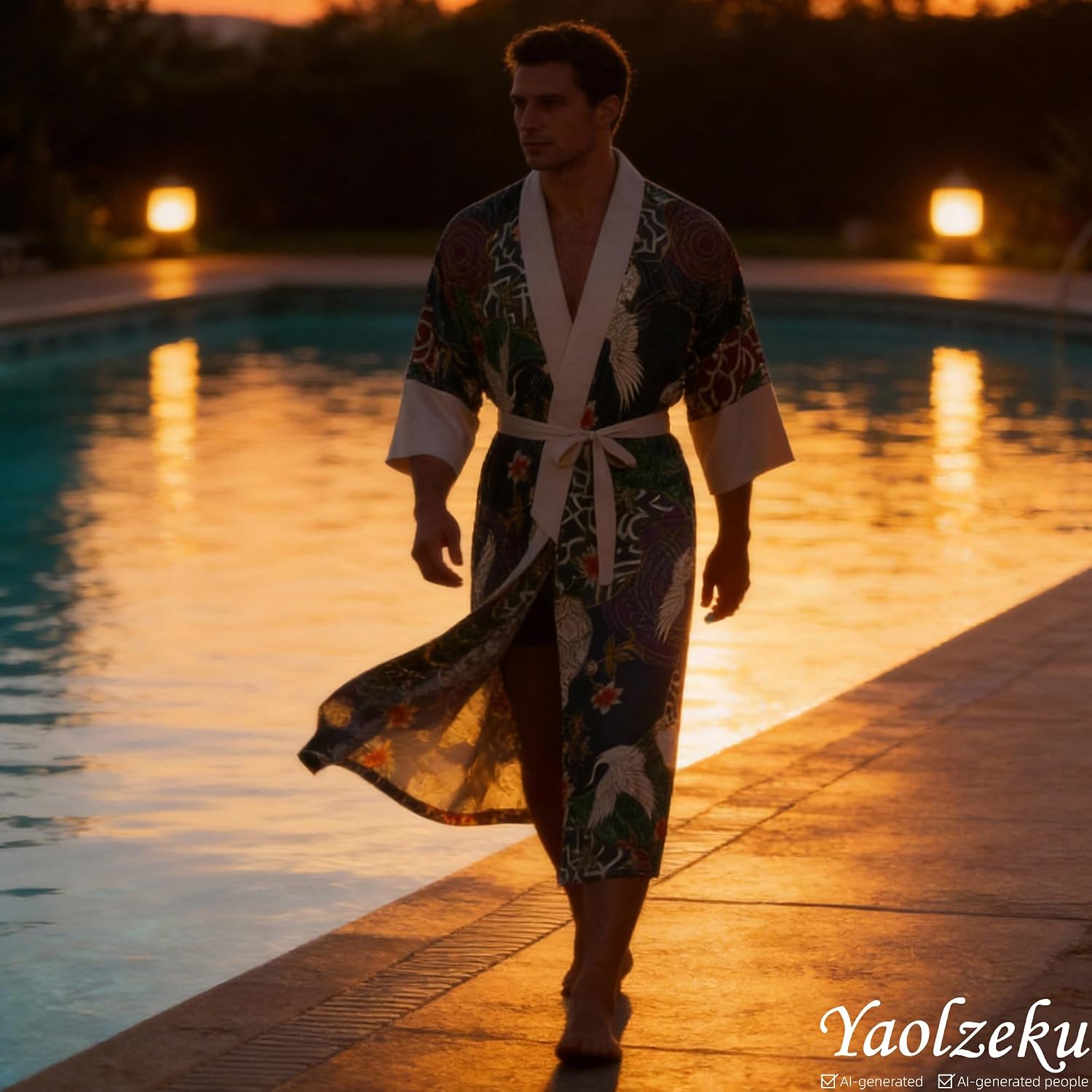 Mens Lightweight Soft Satin Kimono Lounge Bath Robe for Summer | Relaxed Fit with 3/4 Sleeves. Packs Compactly for Travel, Hotel Stays and Everyday Leisure. Spa, Pool and Beach Use