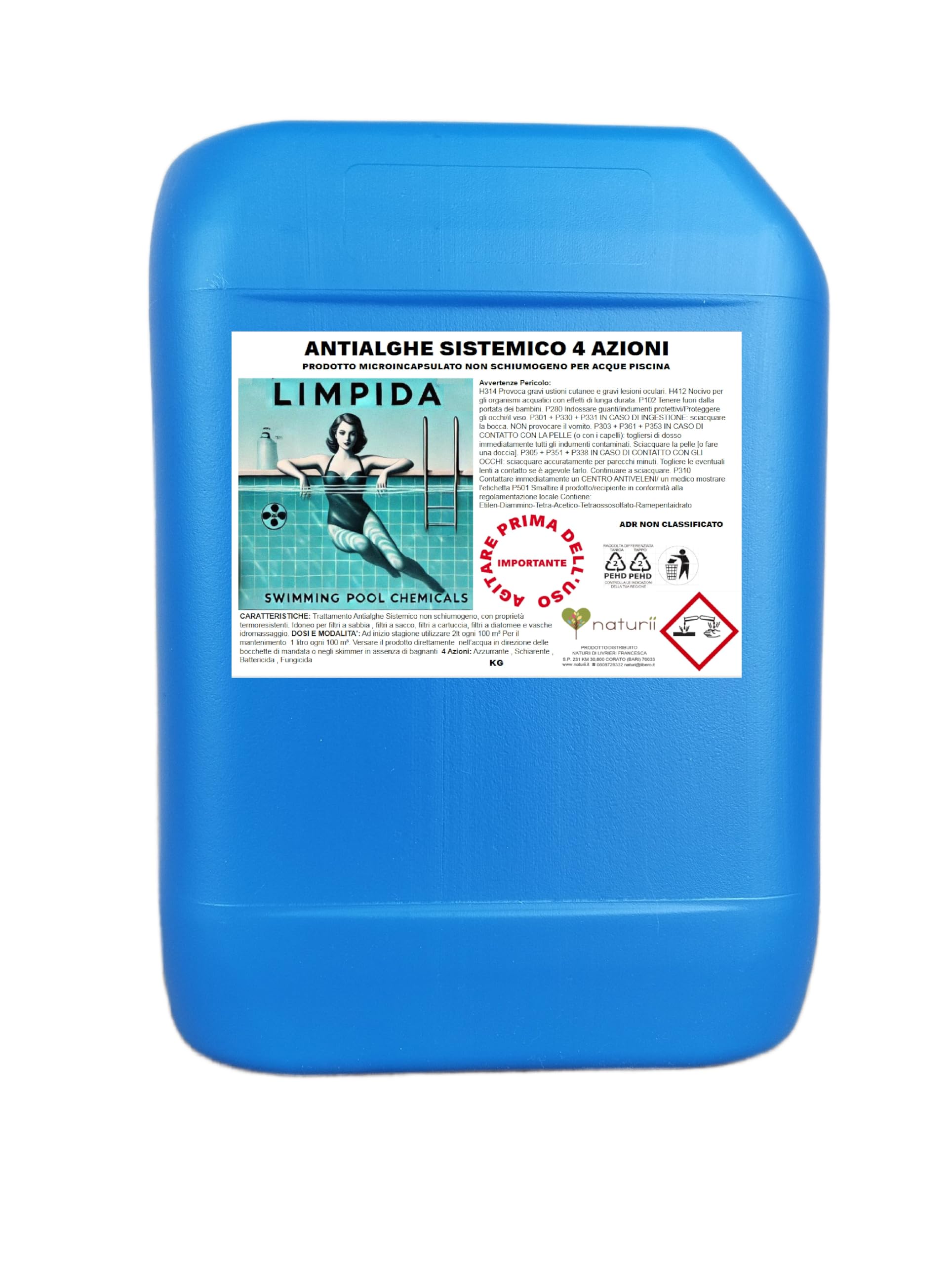 kg 25 Limpida Antialghe Piscina Sistemico Microincapsulato Non Schiumogeno e Termoresistente Azzurrante, Schiarente, Fungicida Adatto per Tutti i Filtri Piscina e Vasche Idromassaggio