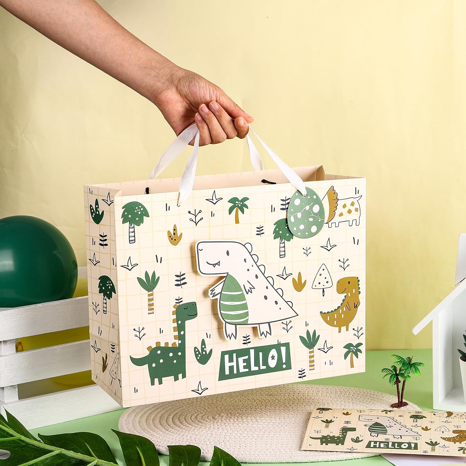 Loveinside Dinosaur Gift Bag for Baby Boy Girl, Medium Bag with Tissue Paper, Gift Tag and Greeting Card, Dinosaur and Hedgehog Design for Baby Shower, New Parents and More, 13" x 5" x 10", 1 Pcs image 4