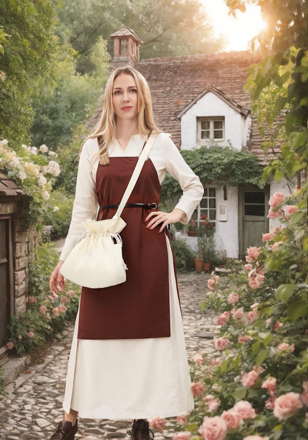 FURPHI Medieval Drawstring Bag Canvas Shoulder Bag with Side Pockets Renaissance Costume Accessories for Ren Faire LARP - Image 3