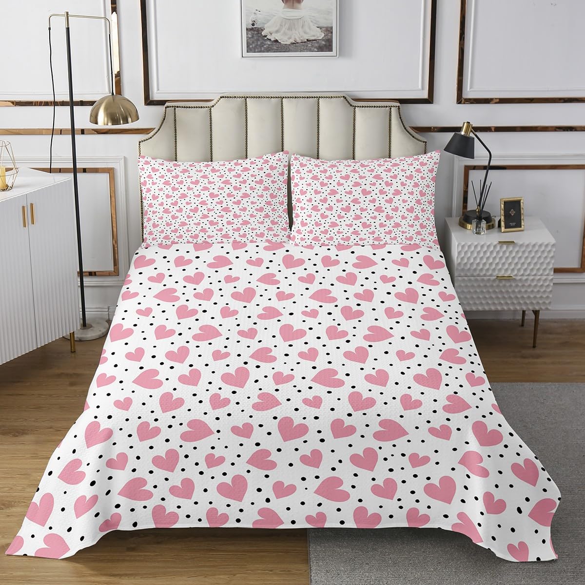 Feelyou Pink Love Bedspread Twin Size Valentine's Day Coverlet Set Geometric Quilt Set Romantic Bedding Collection for Boys Girls Kids Adults