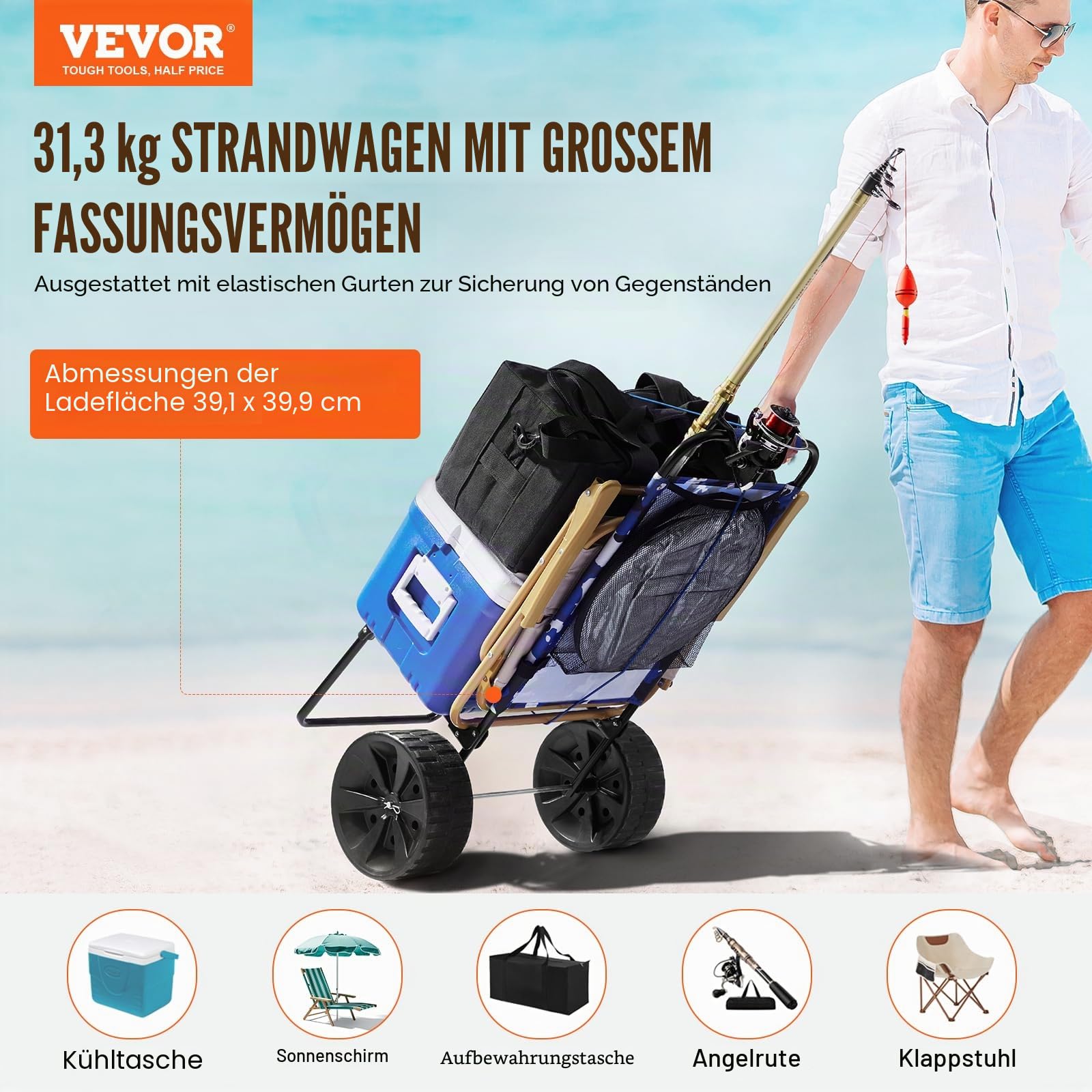 VEVOR Strandkarre Bollerwagen Sandwagen, Strandwagen 31 kg Tragkraft, Zusammenklappbarer Sandwagen aus Stahl, 380 x 386 mm Handwagen Robuster Wagen für den Strand Gerätewagen