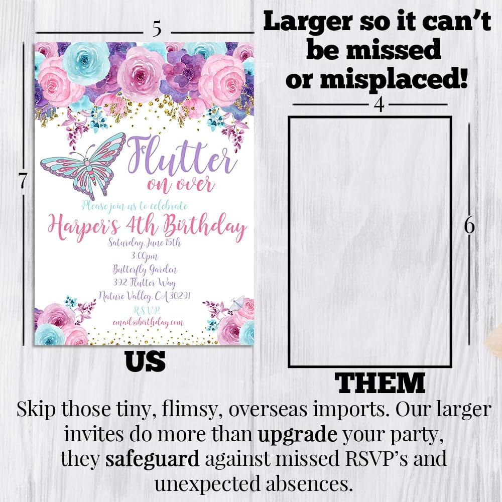 Custom Birthday Invitations Floral Butterfly Invitation 20 5x7 Custom Floral Butterfly Birthday Invitation Cards With Envelopes - Unique Party Theme Invites