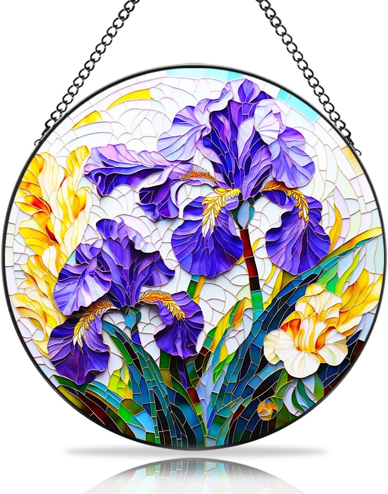 Handmade Iris Flower Stained Glass Suncatcher - Vibrant Window Decor for Home/Garden, Gift-Ready Sun Catcher Art,Balcony & Outdoor Decoration (Purple, 7.8 * 7.8IN)