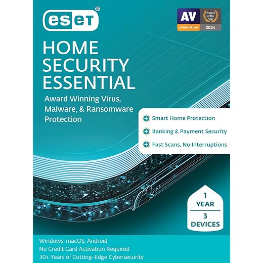 ESET Home Security Essential | Antivirus | 2024 Edition | 3 Devices | 1 Year | Parental Control | Privacy | IOT Protection | Ransomware | Digital Download [PC/Mac/Android]