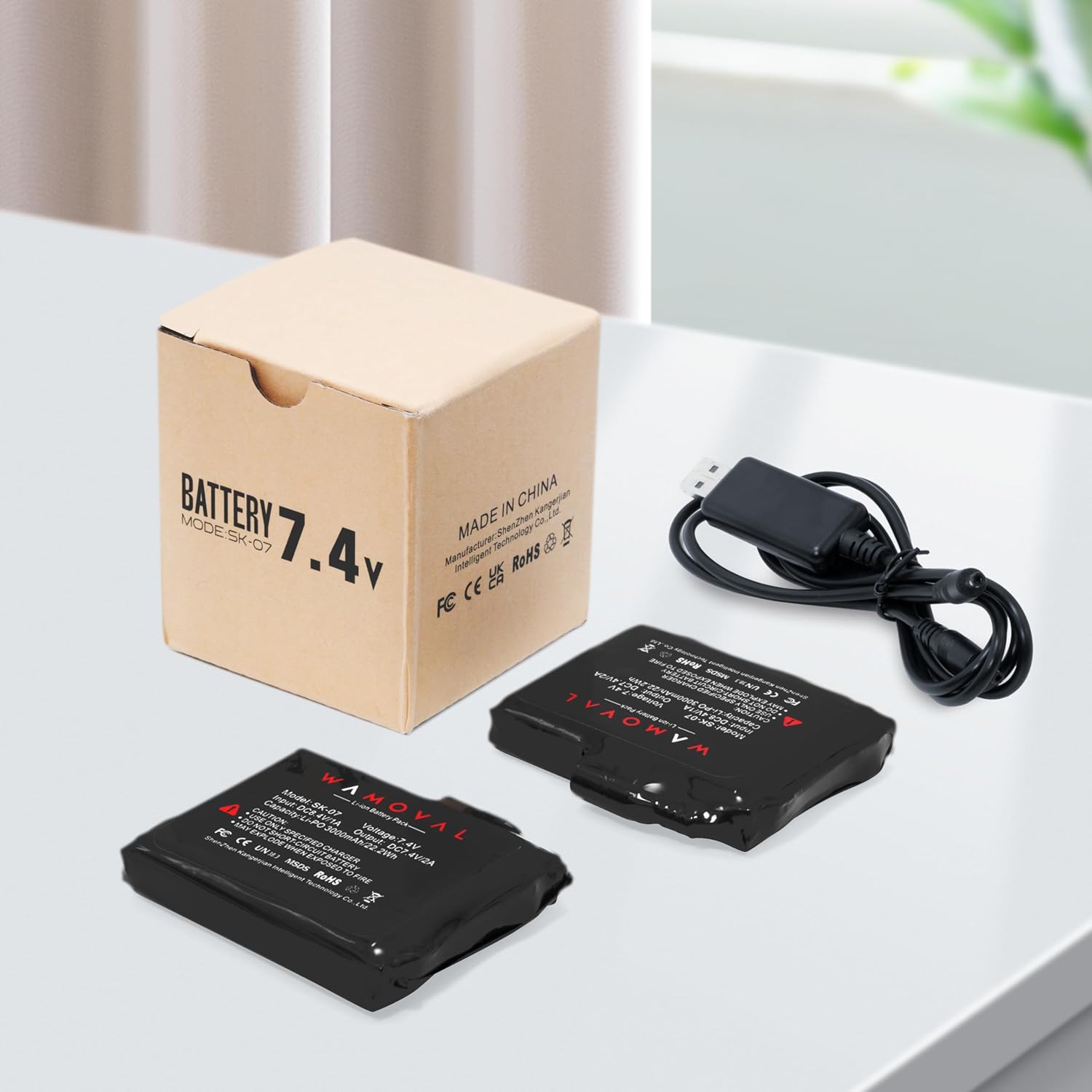 (2-Pack) 7.4V 3000mAh Li-Polymer Rechargeable Battery Pack, 22.2Wh 2A Replacement Batteries with 3.5mm DC Jack Charging Cable for Heated Gloves, Heated Scoks Battery