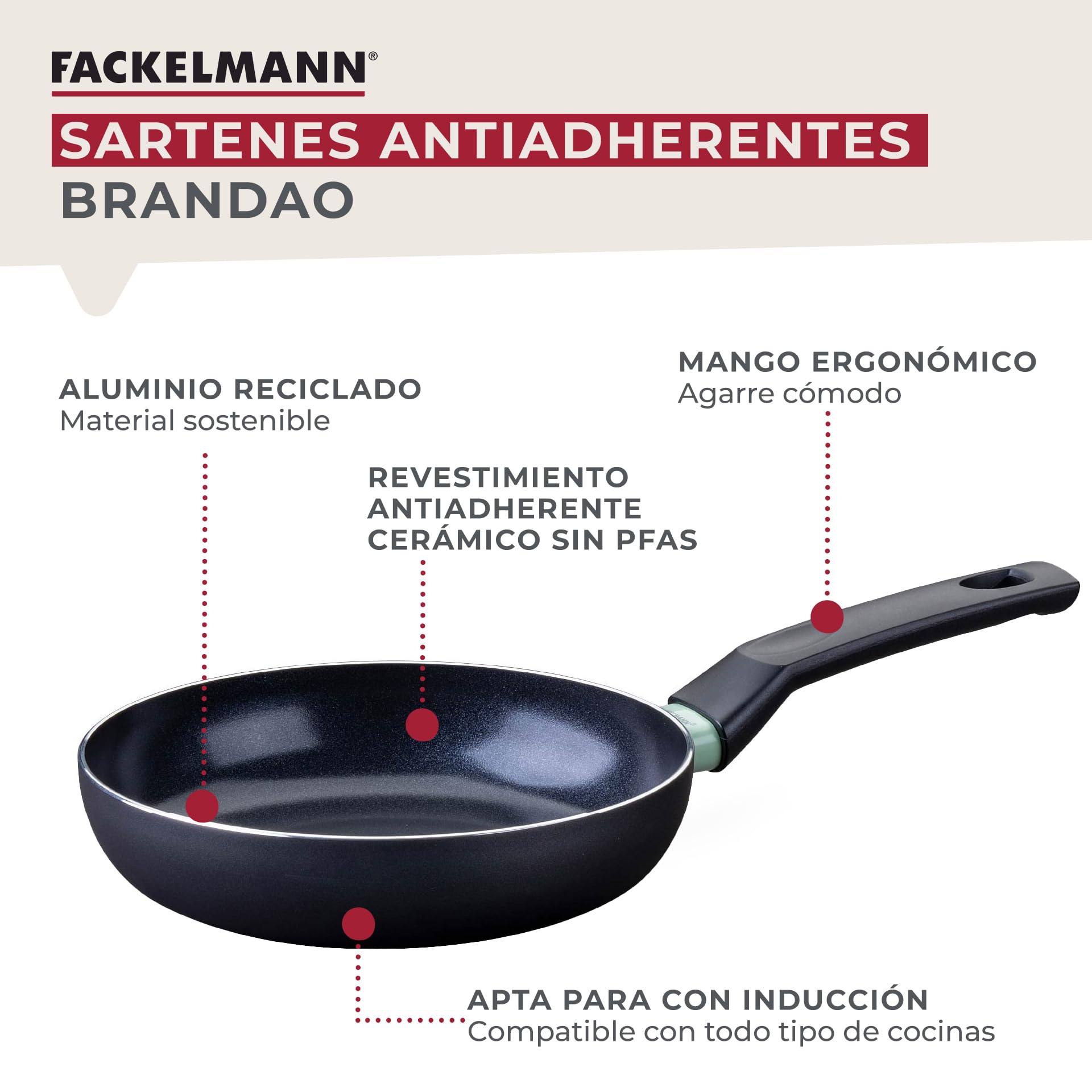 Fackelmann Brandao Set de 3 sartenes antiadherentes, 20/24/28 cm, Aluminio Reciclado, Revestimiento Antiadherente Cerámico Resistente hasta 400ºC, Libres de PFA, Aptas para Inducción