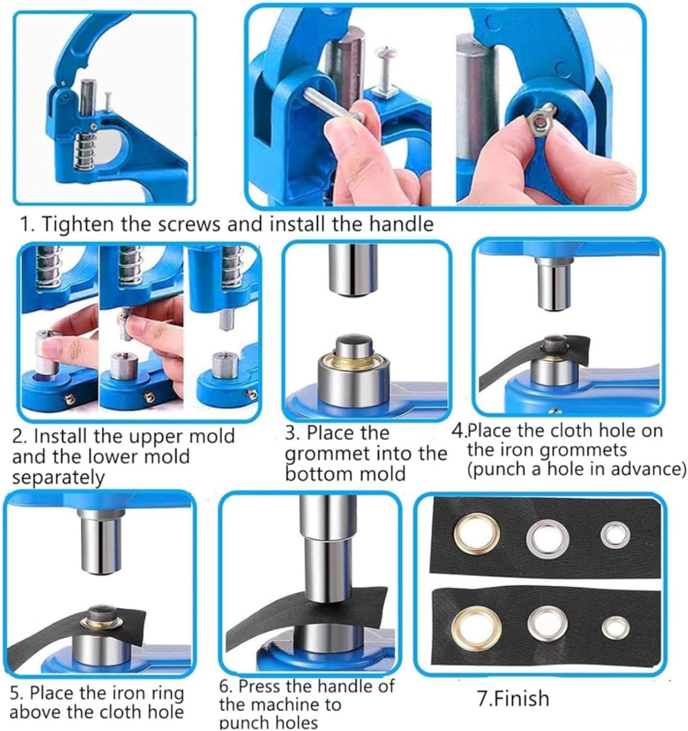 Heavy Duty Grommet Machine Kit with Table Mount - Eyelet Punch Tool & 3 Dies - 1500 Eyelets for Leather, Fabric, Canvas - Durable & Versatile (Blue/Silver),Blue Silver