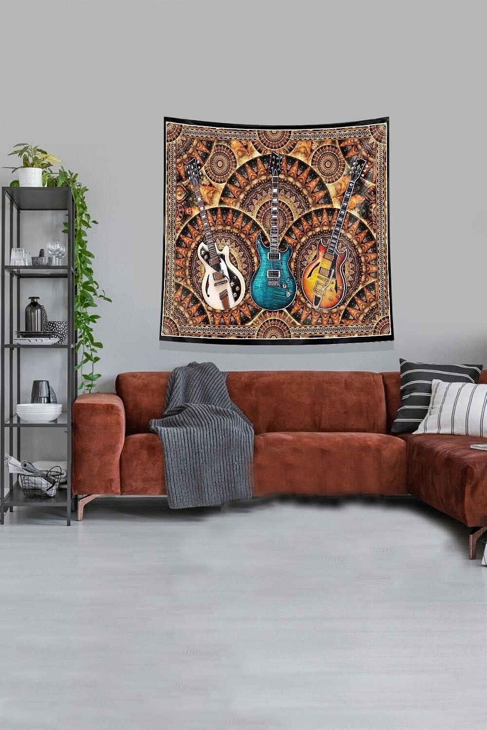 Pelangi Turuncu 3 Gitar Leke Tutmaz Kadife Kumaş Duvar Örtüsü Duvar Halısı Tapestry KWLL331, 35 x 50