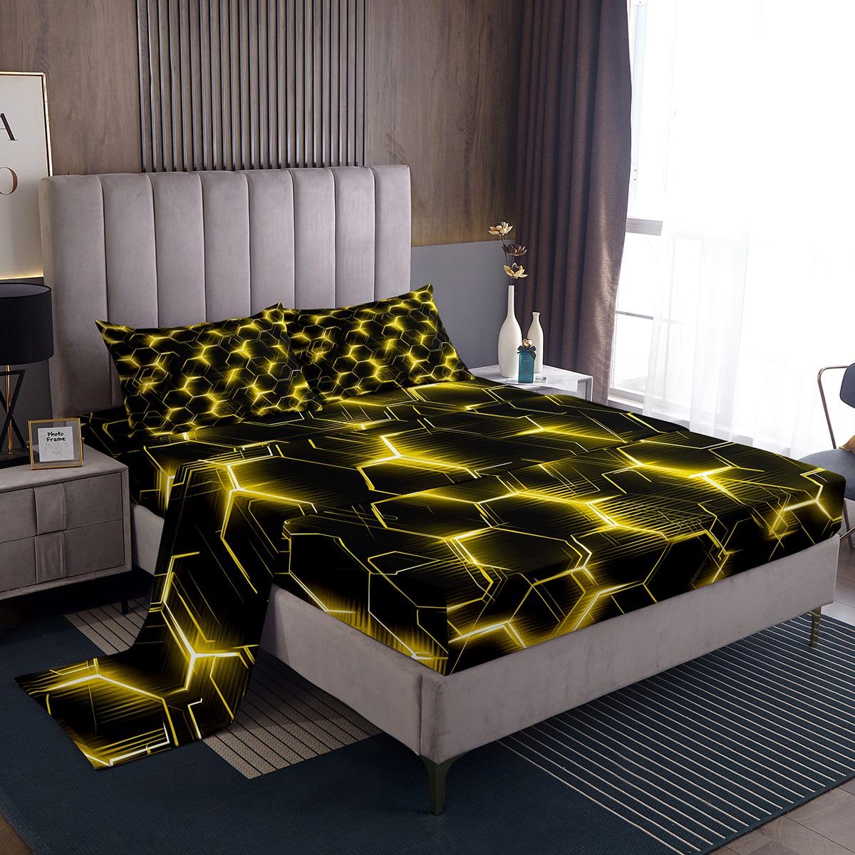 Homewish Zestaw pościeli dla chłopców o strukturze plastra miodu, żółty, neonowy, geometryczny zestaw prześcieradeł dla nastolatków mężczyzn, złote sześciokątne wzornictwo, płaskie prześcieradło do