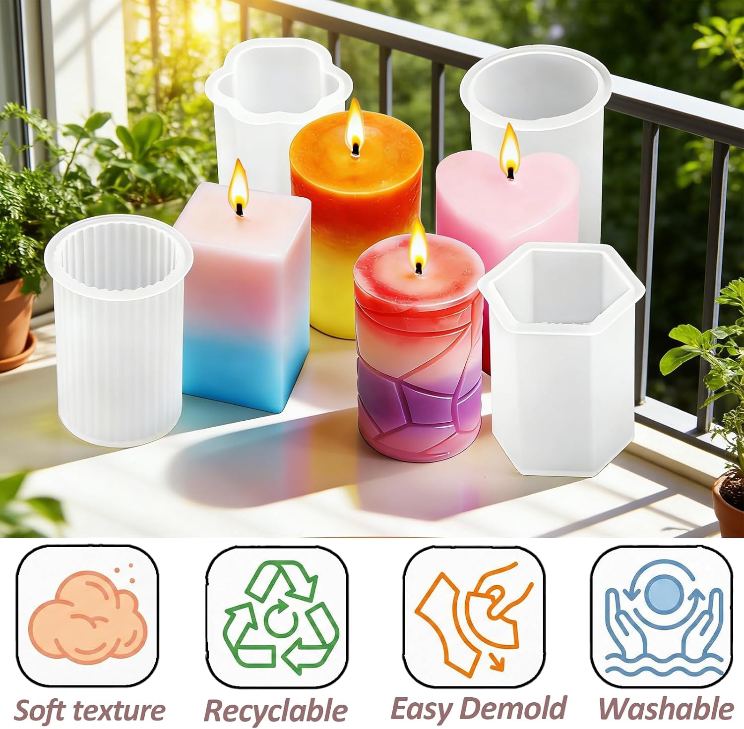 8PCS Silicone Candle Molds Set – Heart, Flower, Cylinder, Hexagon, Square, Octagon – Easy Release, Reusable Candle Making Kit for DIY Soap, Resin, Wax – Home Decor & Holiday Gifts