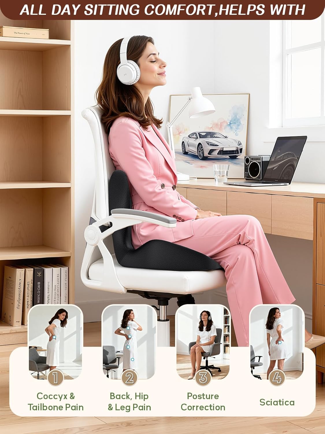 Benazcap Memory Foam Seat Cushion with Lumbar Support Pillow for Office Chair, Car & Gaming Seat, Wheelchair, Ergonomic Design for Sciatica & Tailbone Pressure Relief, Black - Image 7