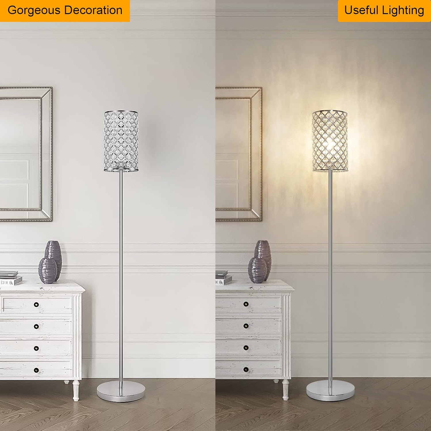 Crystal Floor Lamp, Modern Standing Lamp with Elegant Shade, LED Floor Lamp with On/Off Foot Switch, Silver Finish Tall Pole Lamp Accent Light for Living Room, Girl Bedroom, Dresser, Office (E26 Base) - 