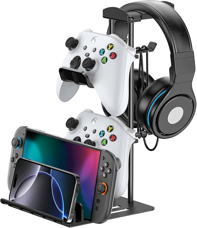 KDD Soporte para auriculares, soporte para controlador y soporte para auriculares para escritorio, soporte para auriculares con barra de soporte de aluminio, organizador de almacenamiento universal para auriculares/controlador/interruptor/teléfono celular