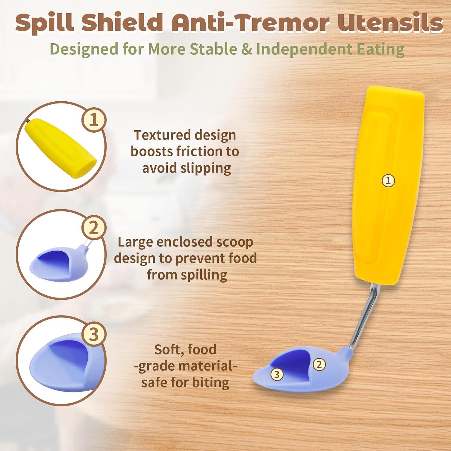 Anti-Tremor Spill Shield Spoon for Hand Tremors Parkinsons, Weighted Adaptive Utensils with Large Enclosed Scoop, Ergonomic Non-Slip Handle, Dishwasher Safe (Yellow, Forward-Tilt)
