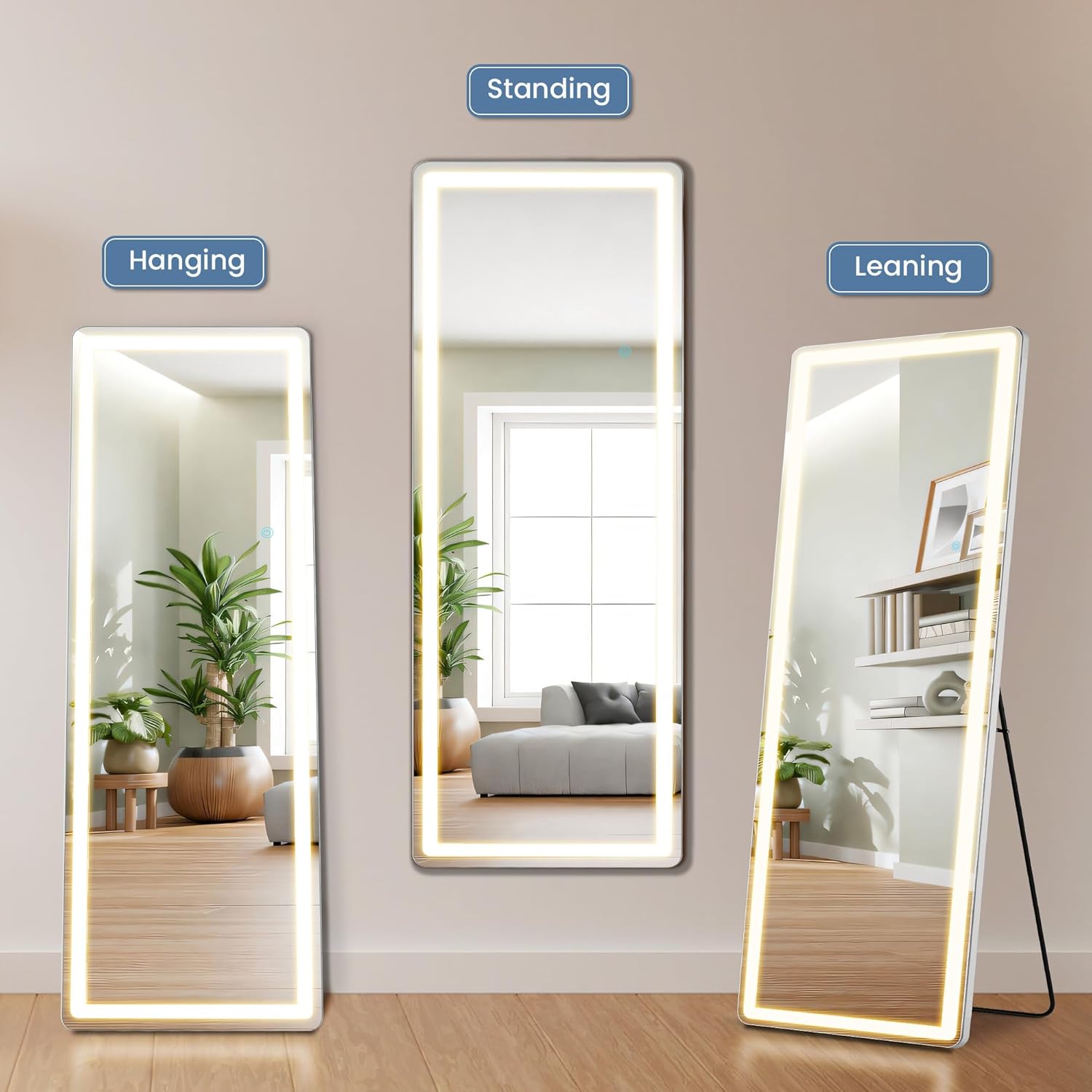 DUMOS LED Full Length Mirror, 26"×70" Floor Standing Mirror with 3 Color Lights & Wall Mounted for Bedroom, Dressing Room, Living Room, Bathroom