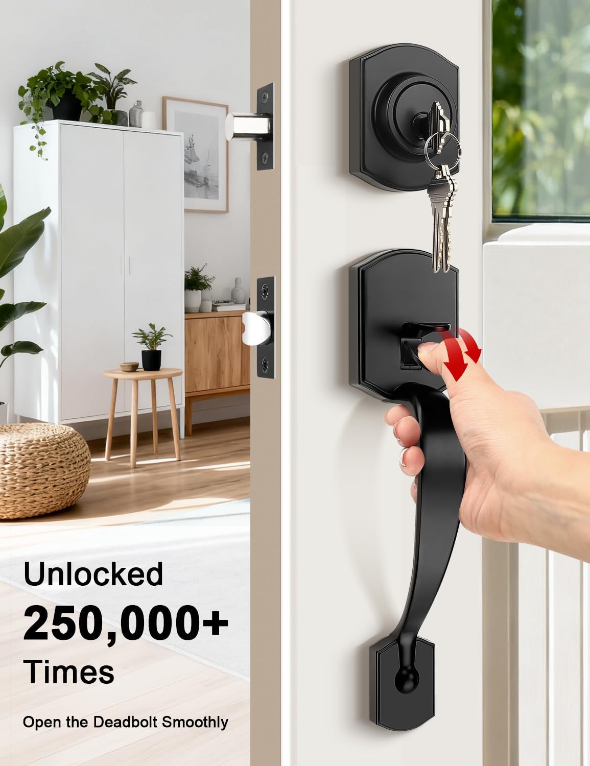 Tinewa Camelot Trim Lower Half Handleset Matte Black, Upgated Entry Door Handle with Round Door Knob and Deadbolt Set for Electronic Keypad, Front Door Lock Set