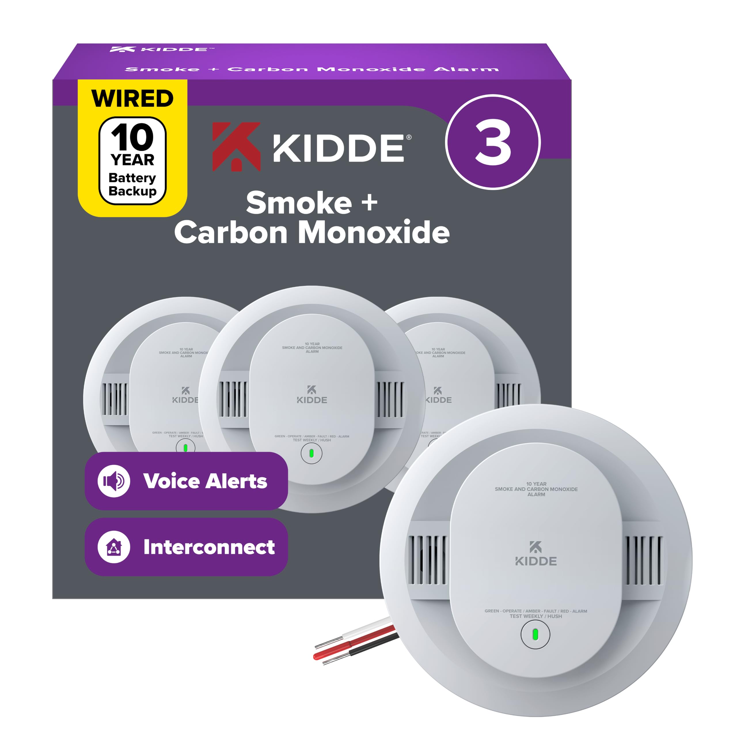 Kidde Smoke &amp; CO Detector, Hardwired &amp; 10-Year Battery, 30CUA10-V, 3 Pack