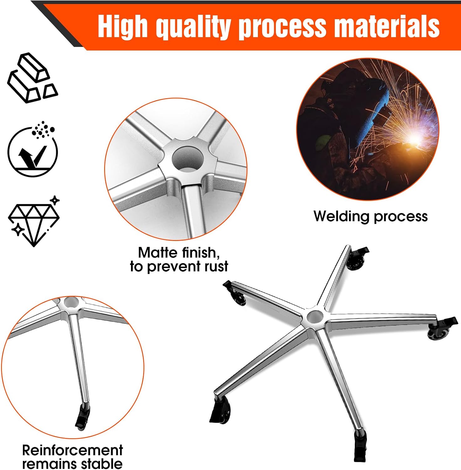 Office Chair Base Replacement Parts with 5 Casters with Brakes(3300 lbs) - Heavy Alloy Office Chair Base Replacement, Universal Gas Cylinder (Silver with Wheels)
