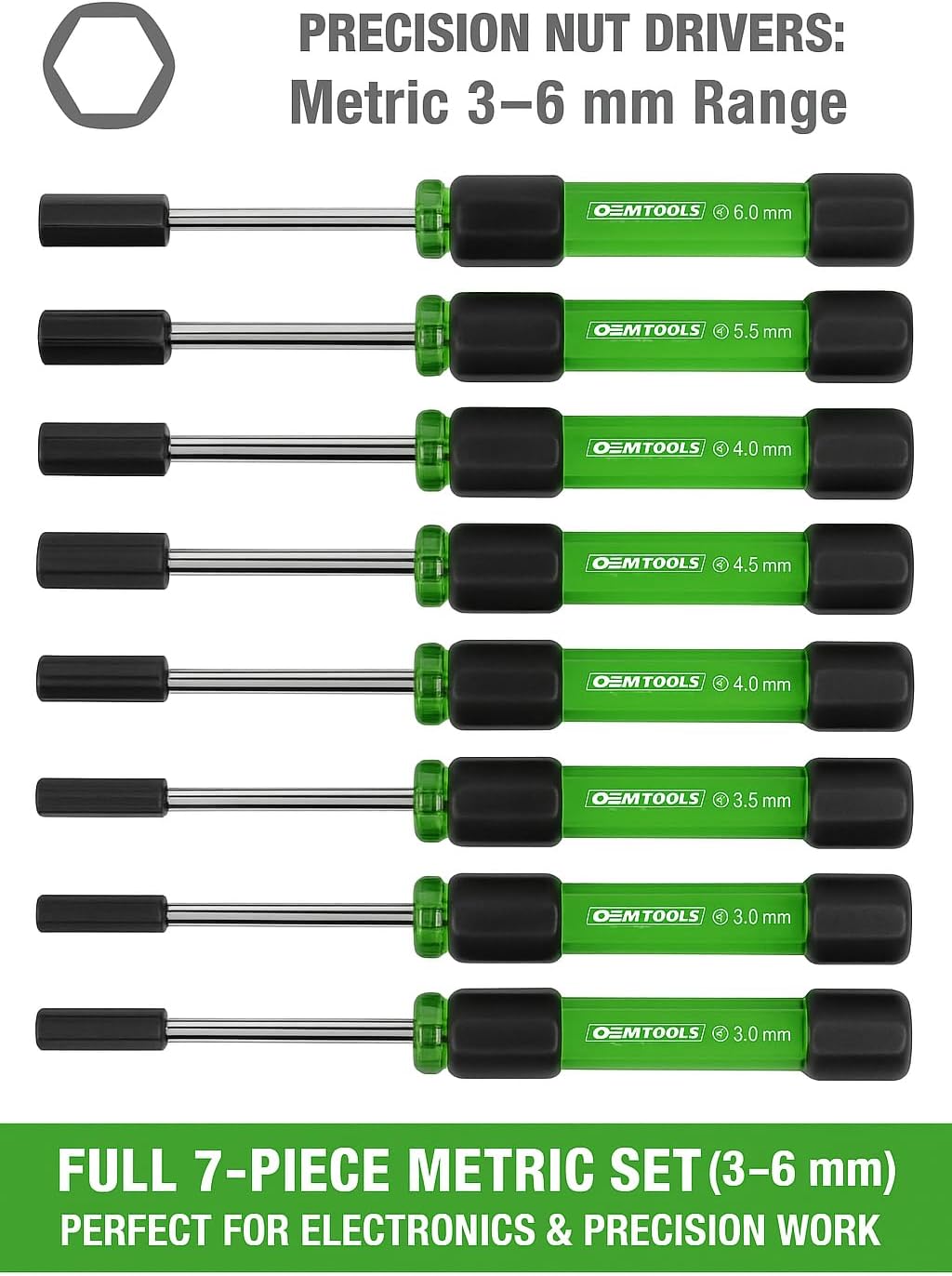 OEMTOOLS 22562 7 Piece Precision Nut Driver Set, Green and Black, Metric Nut Drivers for Jewelry and Electronics, Metric 3-6 MM Nut Driver Set