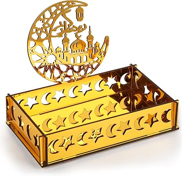 Acrylic Ramadan Decorations for Home Islamic Eid Mubarak Kareem Ramadan Serving Trays Table Sign Moon Hollow Star Sign for Muslim Party Tabletop Decor Art Craft Decoration Centerpiece Tray