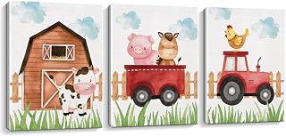 Watercolor Farmhouse Nursery Decor Canvas Wall Art Farm Cute Animal Chicken Cow Pig Wall Decor Artwork Poster Prints for Home Living Room Kids Boys Bedroom Classroom Decoration,3PCS,Framed,11.4x15IN