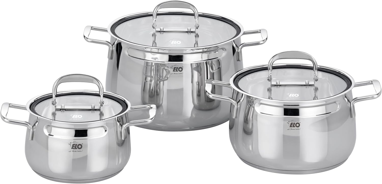 ELO Induction Cookware Set Stainless Steel Ceramic and Gas with Measuring System and Measuring Scale, Diameter 160 x 10.5 cm, Diameter 20 x 12.5 cm and Diameter 24 x 15.5 cm, Set of 3