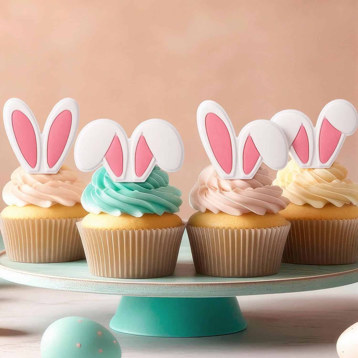 Bucherry 48 Pack Cute Easter Bunny Cupcake Toppers Party Decorations Rabbit Ear Cupcake Rings Bulk 4 Styles Pink White Rabbit Ear Cake Topper for Spring Festival Birthday Baby Shower Party Supplies
