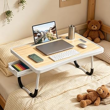Laptop Bed Table with Storage & Cup Holder - Foldable Bed Table for Laptop, Portable Lap Desk Bed Tray for Breakfast in Bed, Writing, Reading, Working, Eating on Sofa or Floor