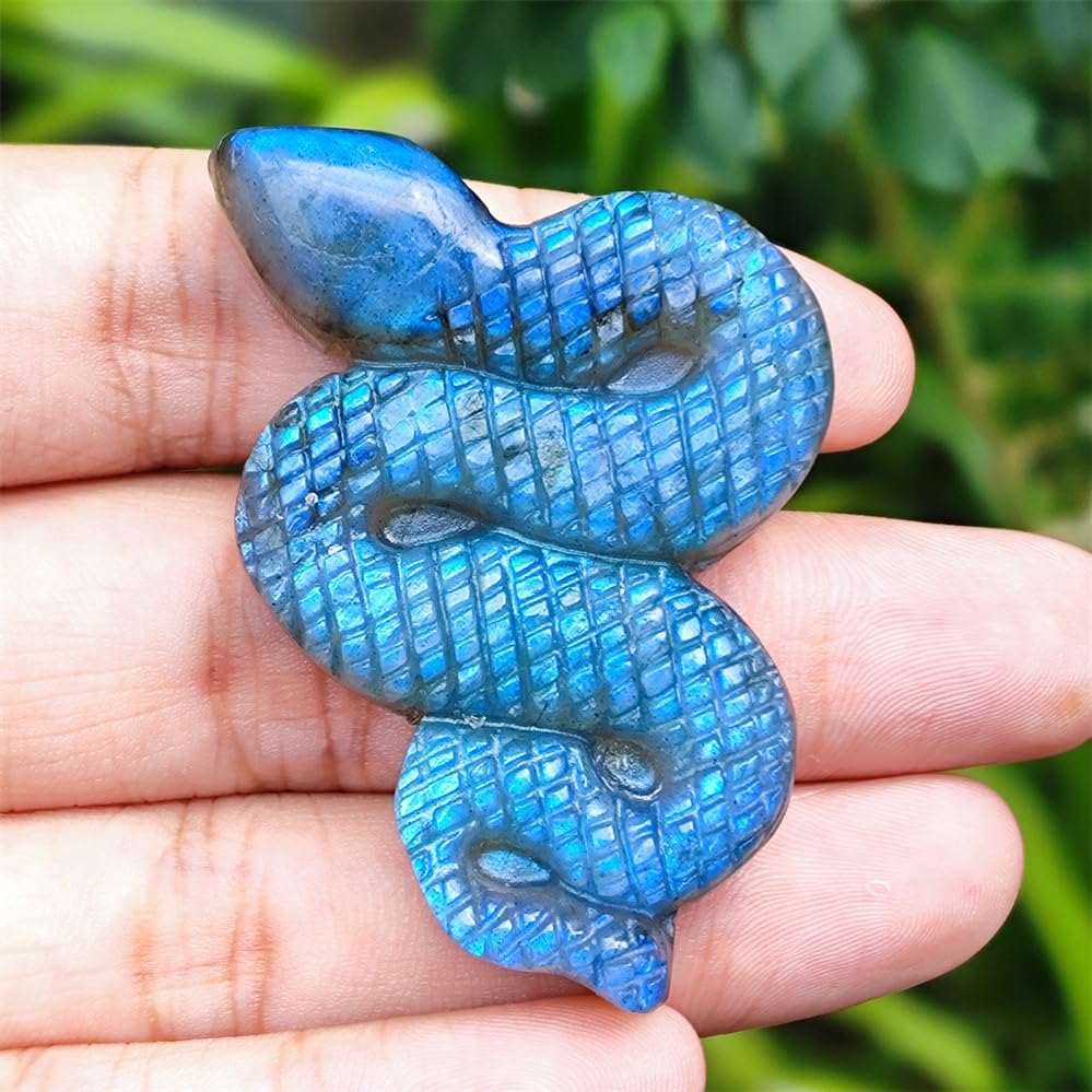 TEAMWILL Figura decorativa de labradorita azul natural tallada a mano con cristal de serpiente curativa Reiki, arte de Halloween, escultura de