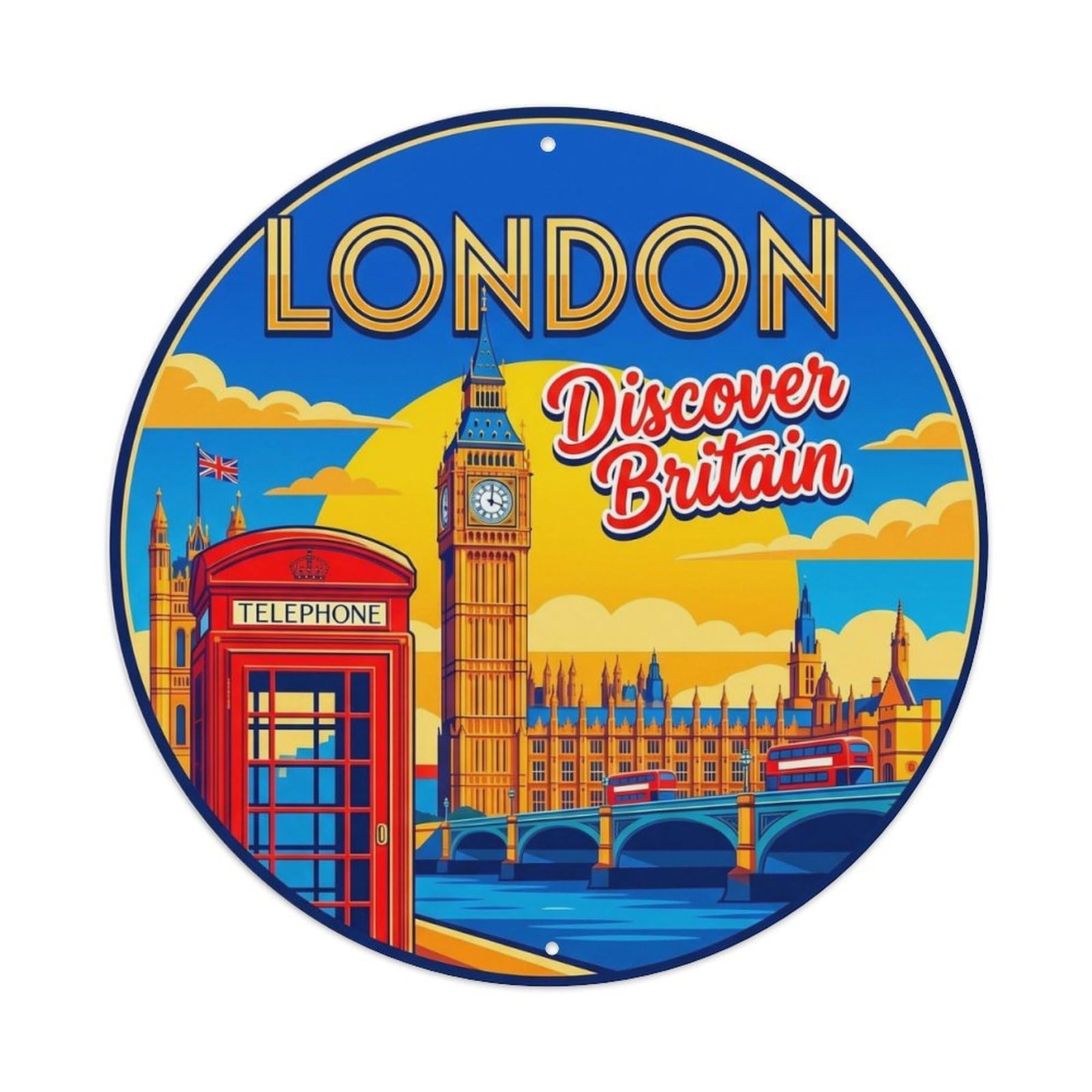 Vintage Travel British Capital Landmark Metal Tin Sign Plaque Wall Decor for Cafe, Club Bar, Office, Home Garden Round Metal Poster 8x8Inch