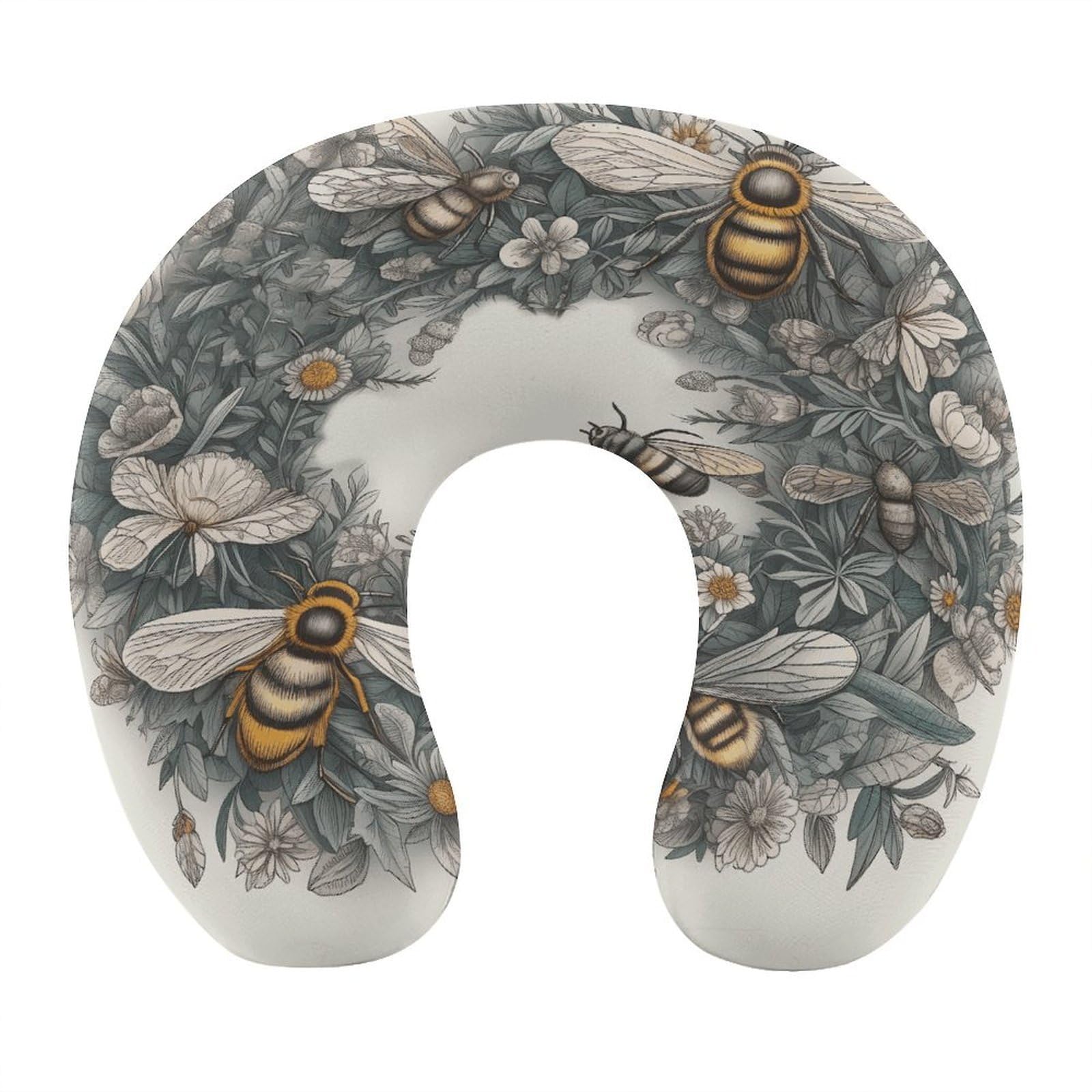 Btcowzrv Style Hand Drawn Wreath And Bee U Shaped Neck Pillow Travel Pillows