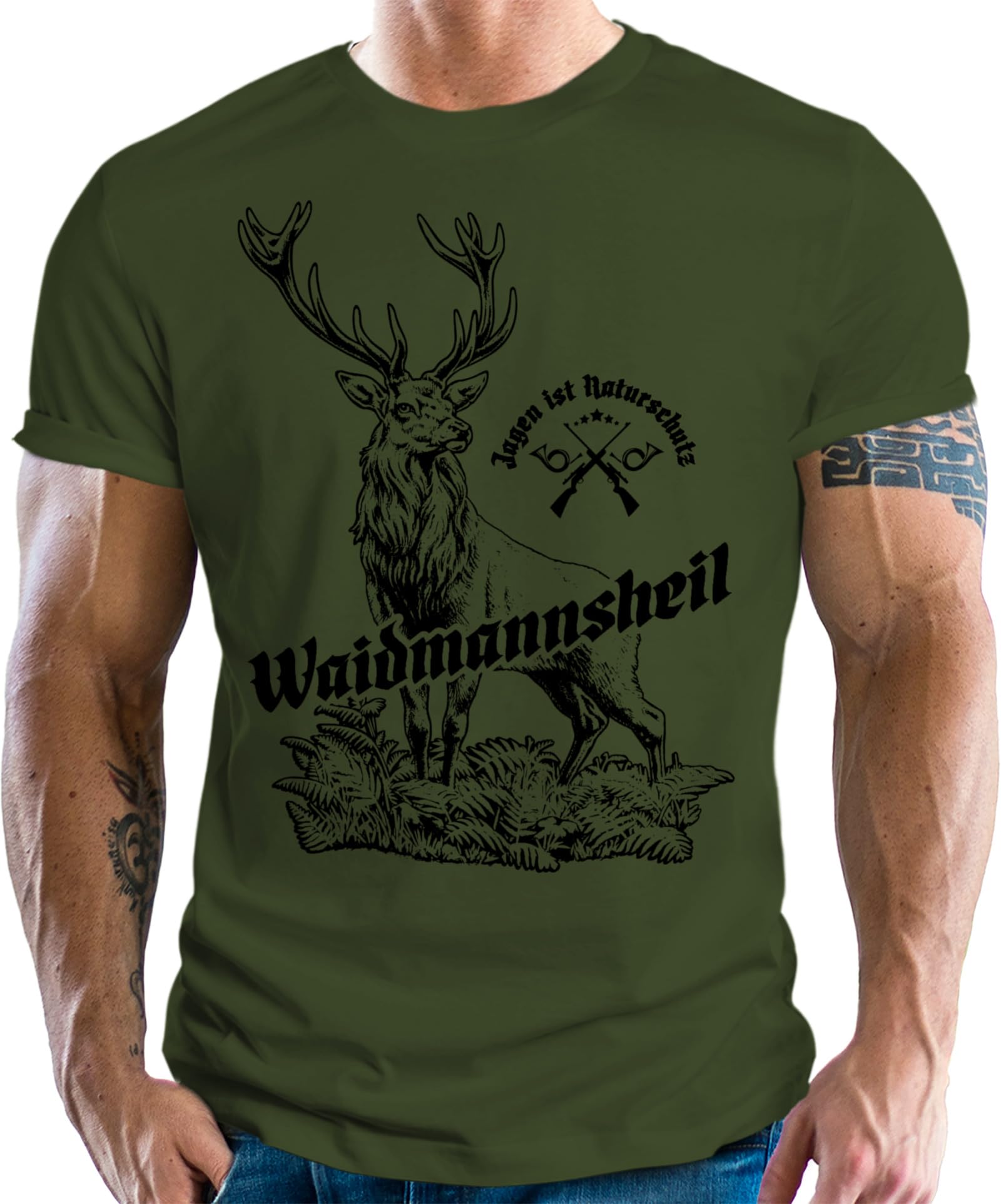 Camiseta Cazador "Waidmannsheil": Diseño Lobo Negro, Texto "Jagen Ist Naturschutz", Algodón, Impresión Alemana