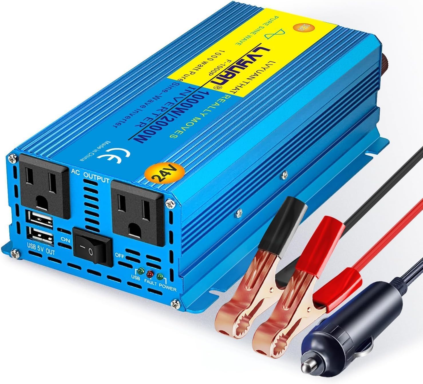 LVYUAN 1000 Watt Pure Sine Wave Power Inverter 12V DC to 110V/120V AC Converter with 2 sockets and USB Port for Car Truck Family Solar System,RV, Truck,Road Trip & Emergency