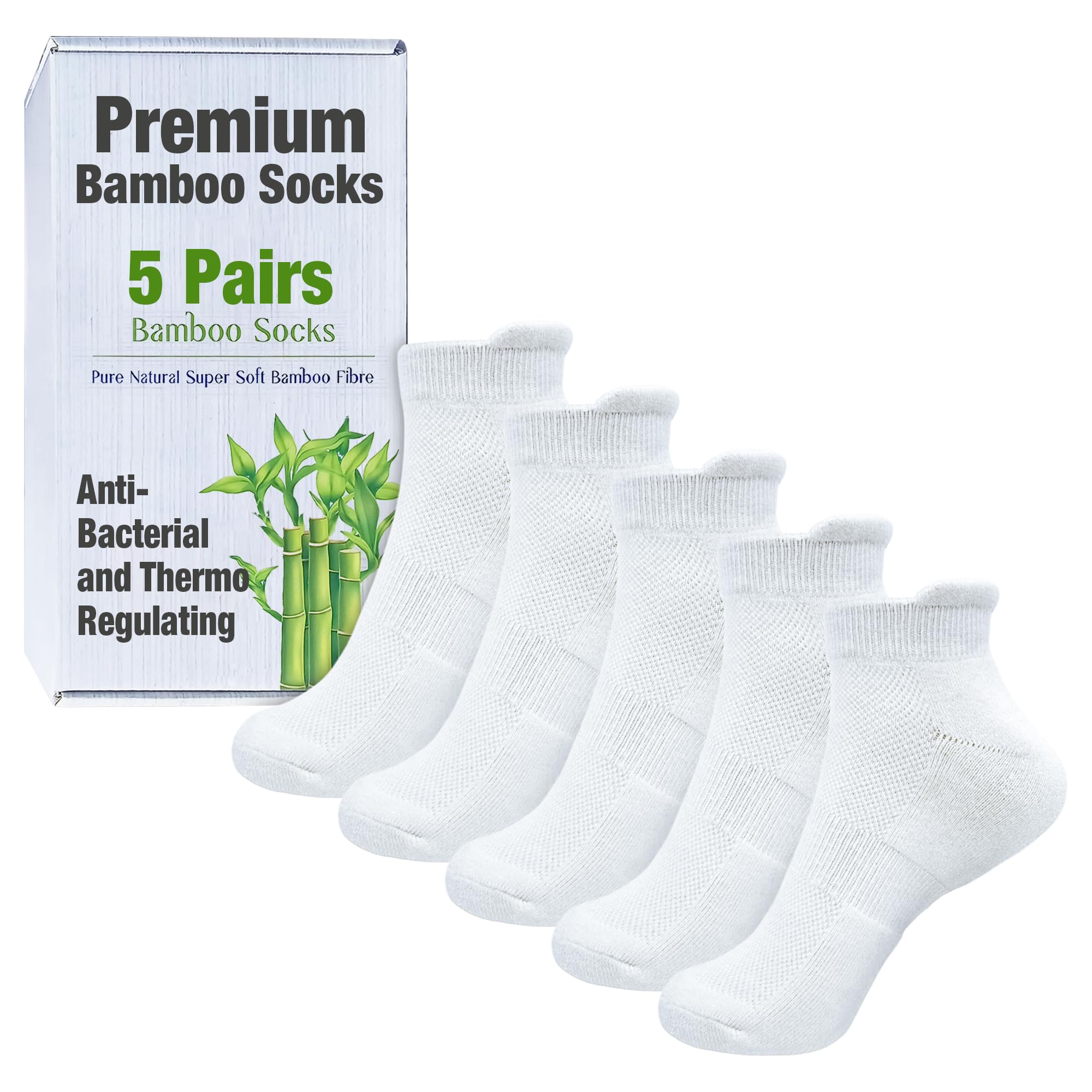 Nivja Unisex Bamboo Ankle Socks 5 Pairs | Super Soft Anti-Bacterial Socks (UK Size 5-11) White Color