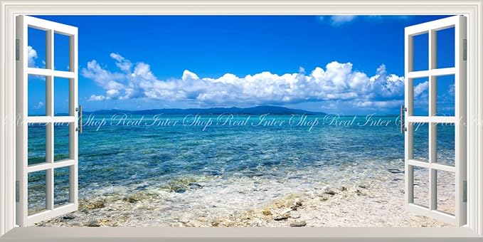 Amazon Co Jp 絵画風 壁紙ポスター はがせるシール式 窓の景色 南国のビーチと透き通る海 島 青空 景色 絶景 パノラマ 窓仕様 トリックアート キャラクロ h 106ms1 1152mm 576mm 建築用壁紙 耐候性塗料 日本製 ウォールステッカー お風呂ポスター
