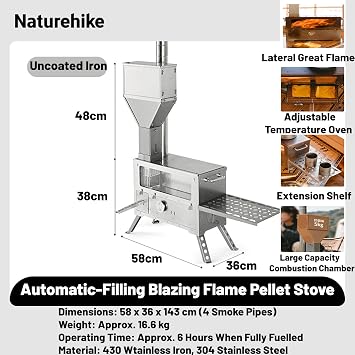 Naturehike Hot Tent Wood Burning Stove with Oven for Camping, Portable Pellet Stove with Chimney Pipes for Hiking, outdoor Cooking, Car Camping, Fishing, Tabletop Stove with Storage Bag