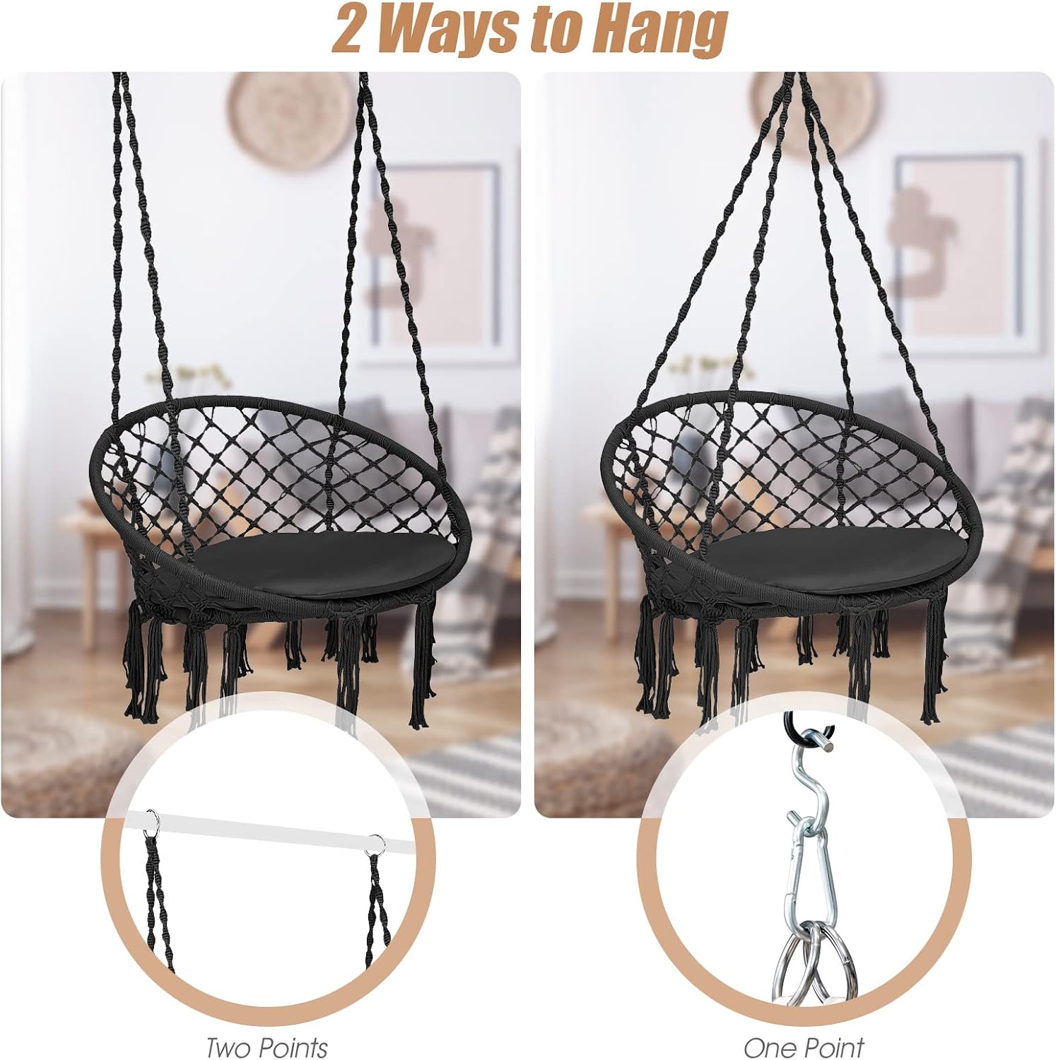 Happygrill Hammock Swing Chair with Cotton Cushion, Bohemian Style Hanging Macrame Lounge Chair with Draping Tassels, Cotton Ropes, Hanging Kit, Long Strap, Max Weight 330LBS