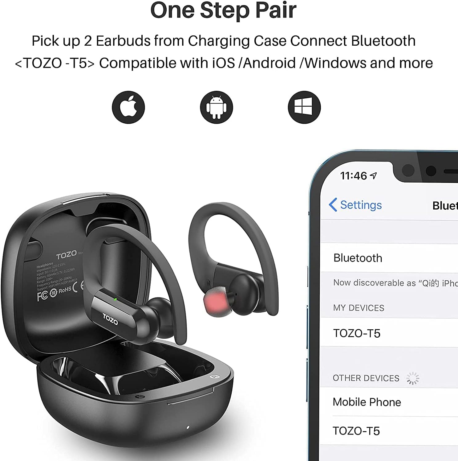 Screenshot showing 'TOZO-T5' in a phone's Bluetooth settings, indicating one-step pairing.