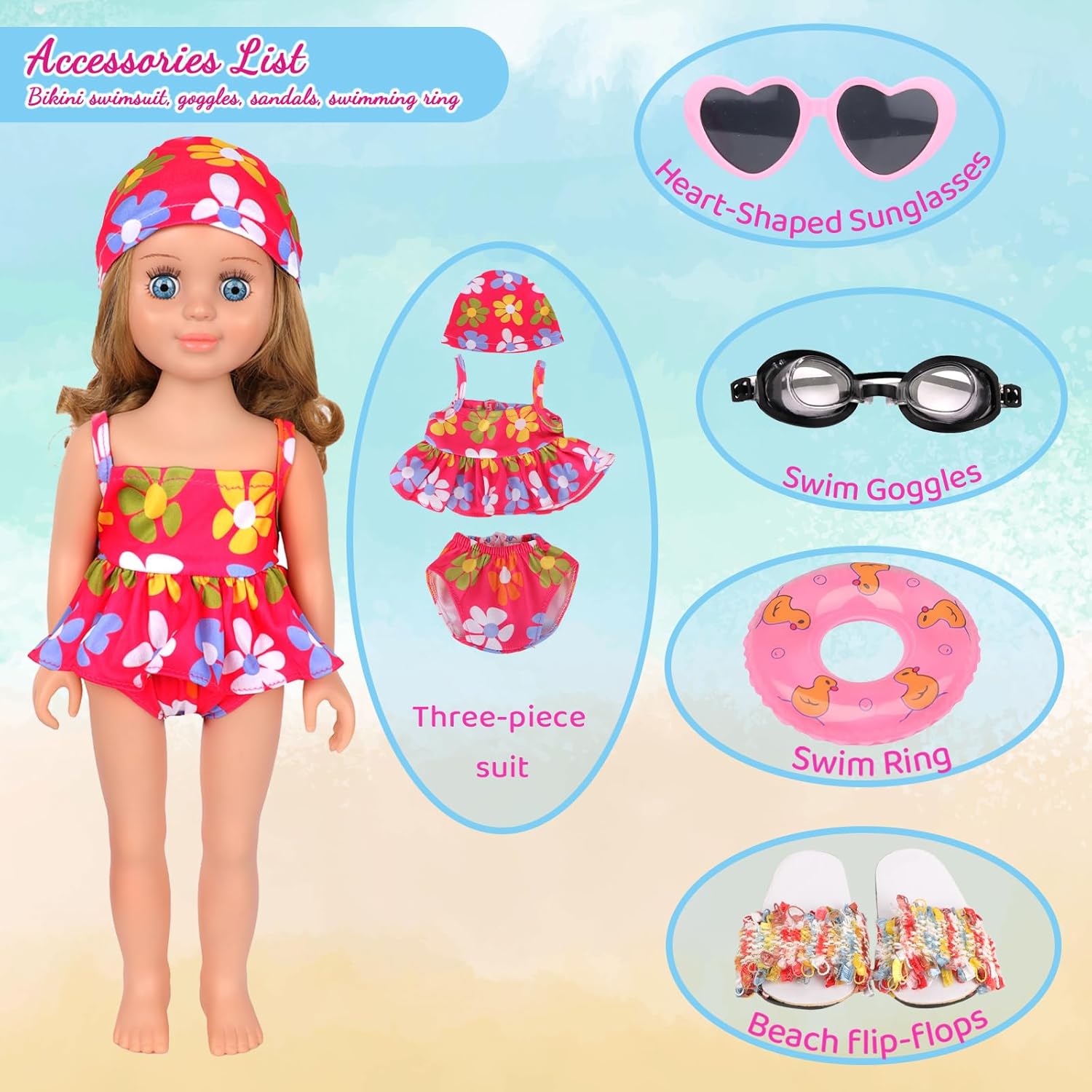 MSYO 18 Inch Doll Swimsuit Playset, Dorable Doll Summer Dress Playset for 18 Girl Dolls, Includes Doll Bikini Swimsuits, Lovely Sunglasses, Goggles, Sandals and Water Inflatable Ring