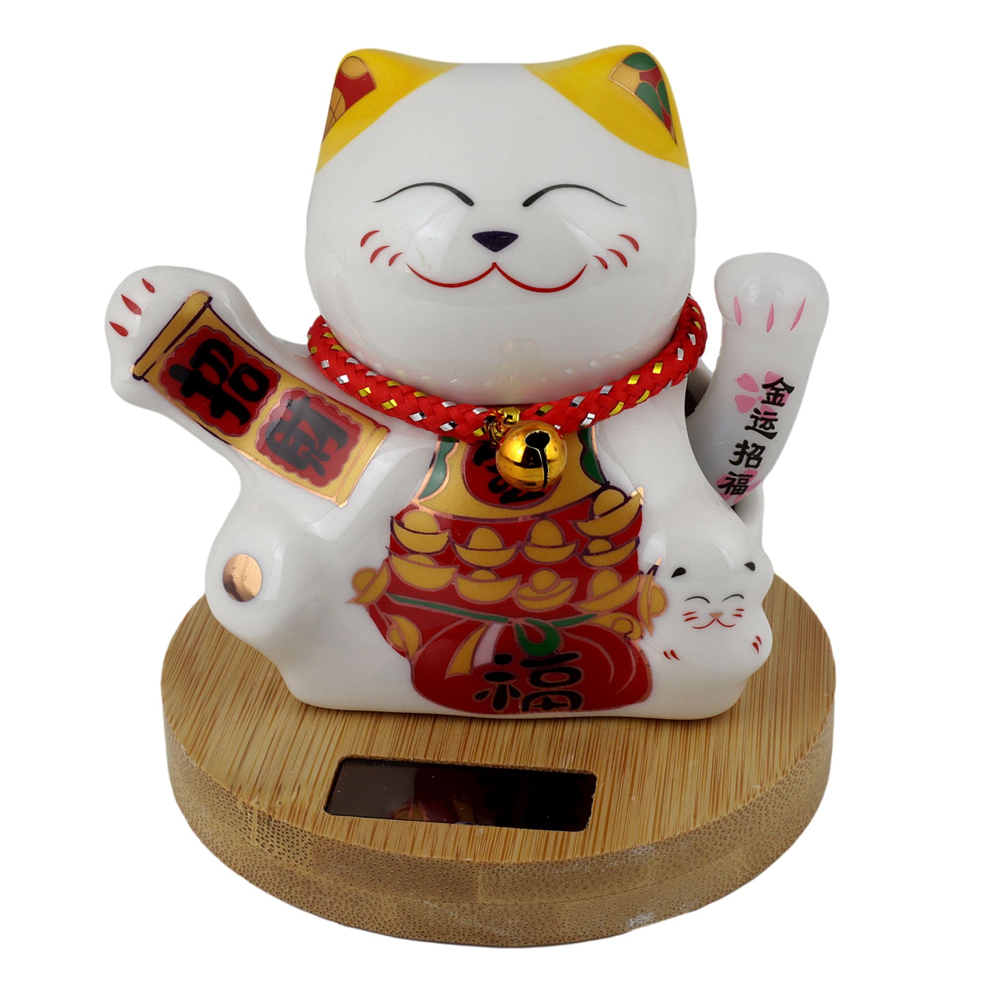 Freak Scene Agitando Gato Chino cerámica 10cm Blanco con Base de bambú Solar Maneki-Neko Gato de la Suerte de Lucky Cat Modelo 05