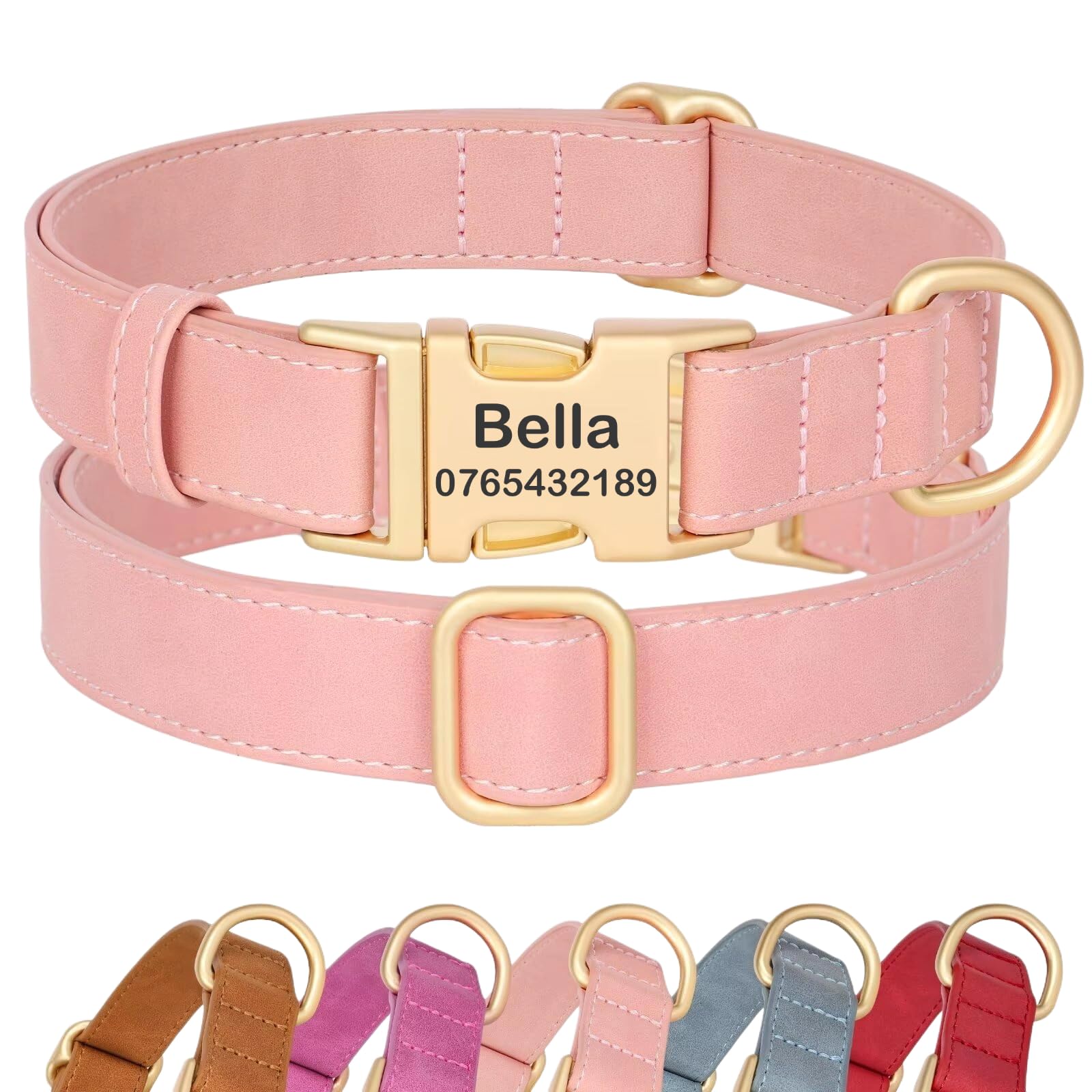 SEOUGEE Personalised Dog Collar with Engraved ID Name and Number, Custom Soft PU Leather Dog Collars, Adjustable & Durable Pet Collars with Quick Release Metal Buckle for Puppies (XS, Pink 20-30cm)