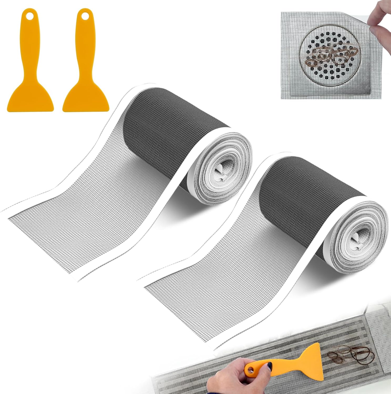 2 PCS 4 Inch x 33 FT Disposable Shower Drain Screen Self-Adhesive Stickers, with Cleaning Shovel, Showers Drain Hair Catcher, Shower Drain Mesh Stickers for Bathroom Kitchen Sink