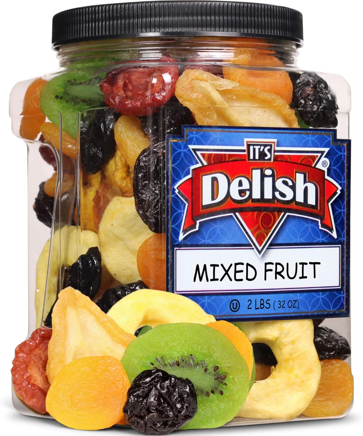 Dried Mixed Fruit with Prunes by It's Delish, 2 lbs (32 Oz) Jumbo Container | Snack Mix of Prunes, Apricots, Plums, Apple Rings, Nectarines, Peaches, Pears, Kiwi Slices | Dry Fruits - Vegan Kosher Healthy Snacks